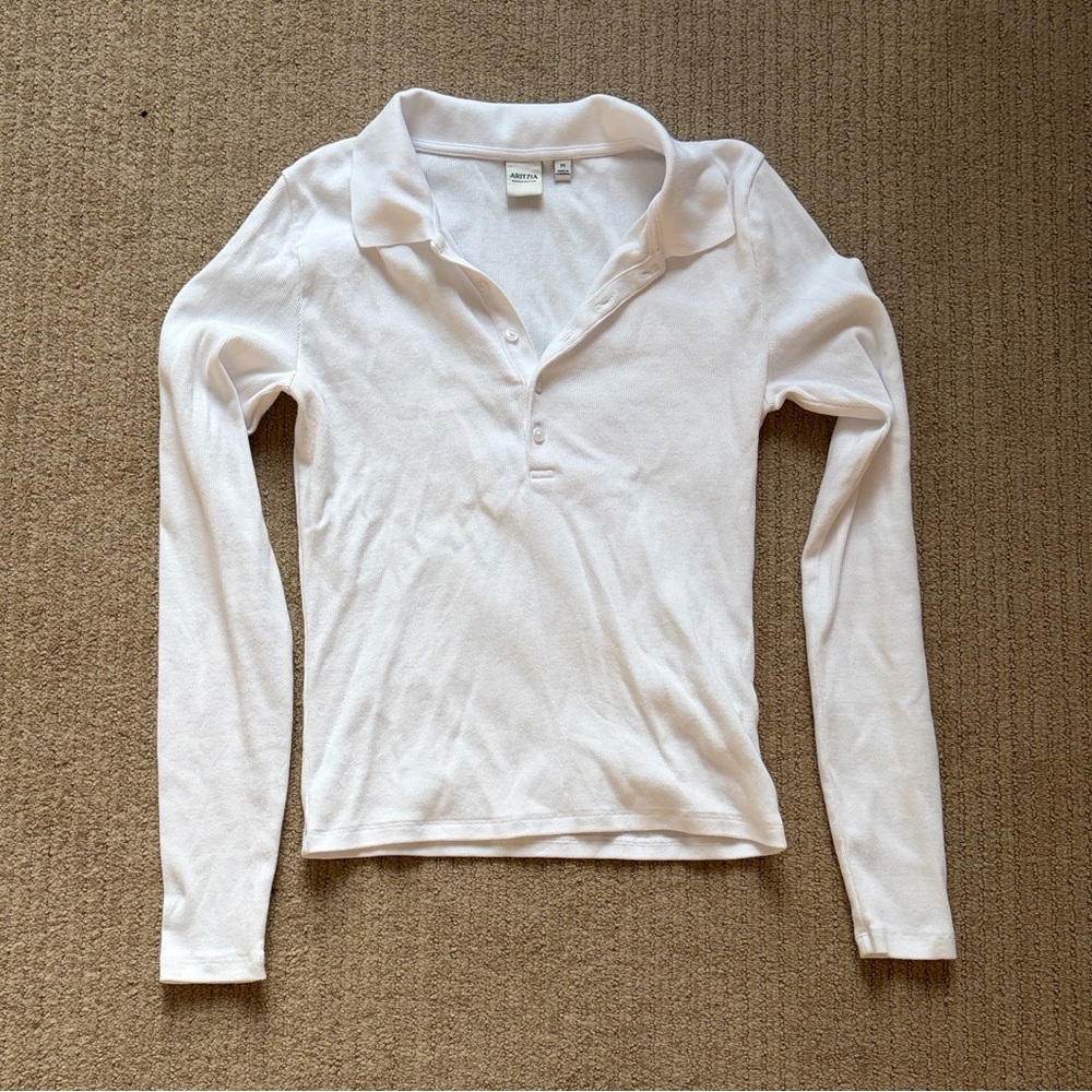 Aritzia HomeStretch Rib Cotton Polo Longsleeve, M, White